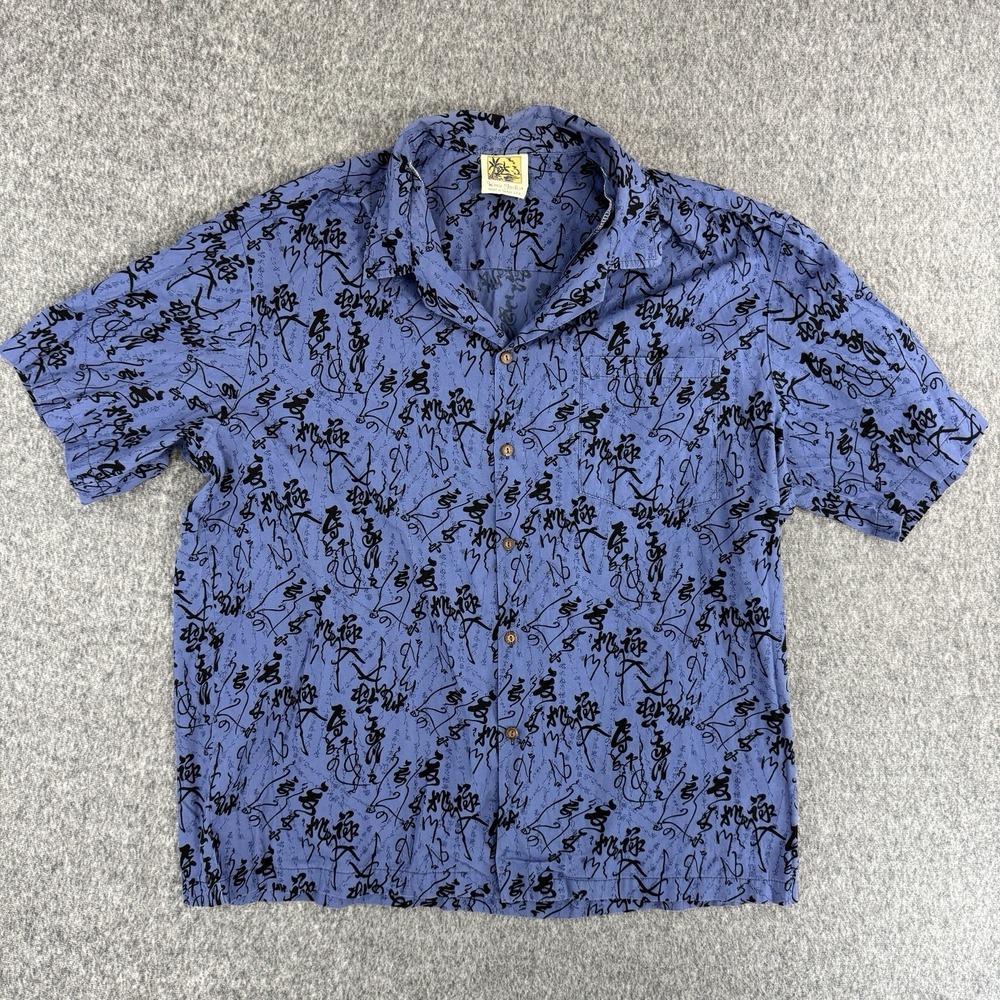 Vintage Winnie Fashion Hawaiian Shirt Blue Script Cotton Made Hawaii USA XL Fit